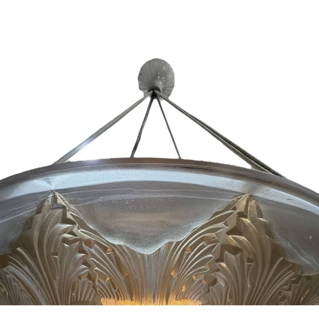 1927 René Lalique – Suspension Plafonnier Lustre Gaillon Verre Blanc Patiné Sépia 9