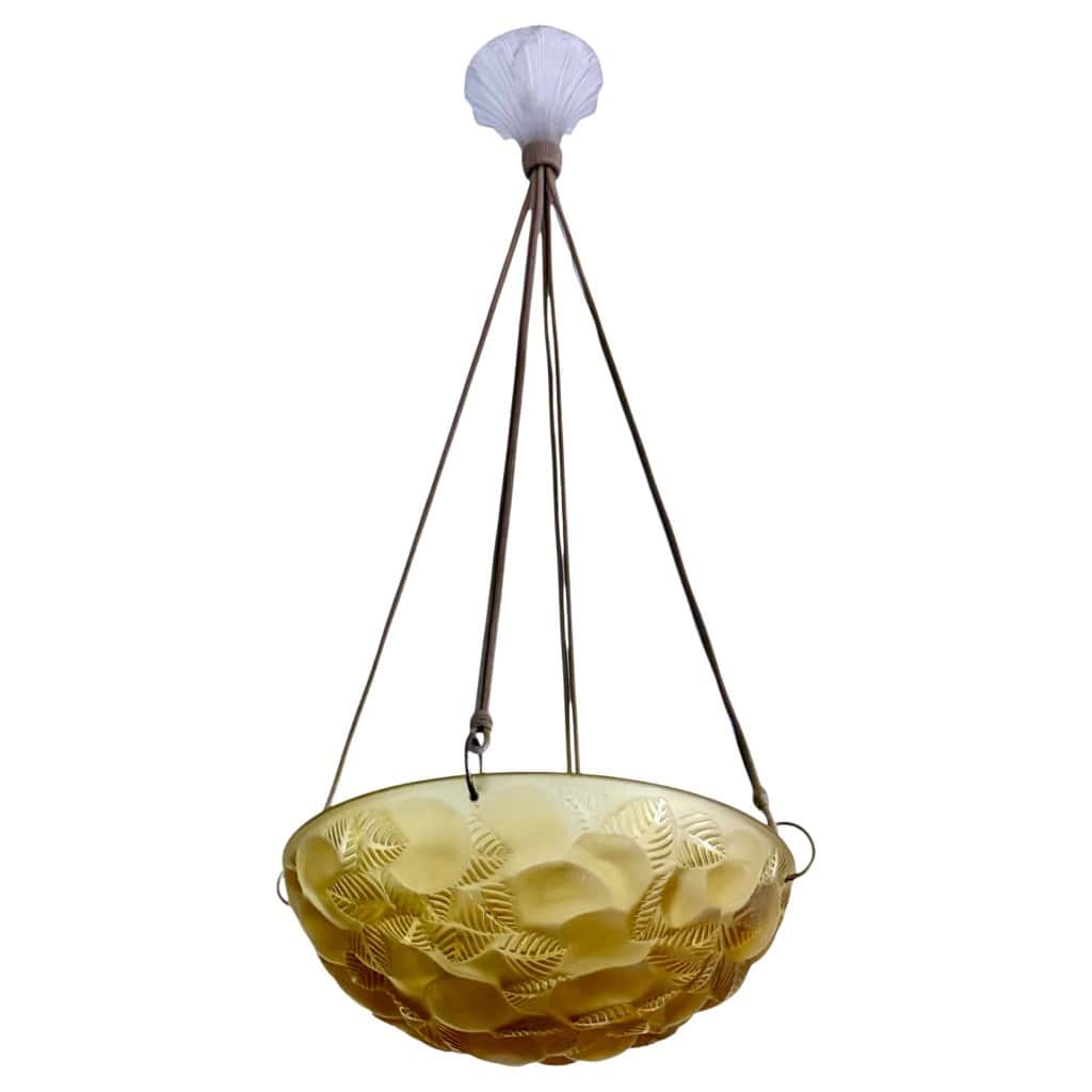 1929 René Lalique – Suspension Plafonnier Lustre Lausanne Verre Jaune Ambré 4