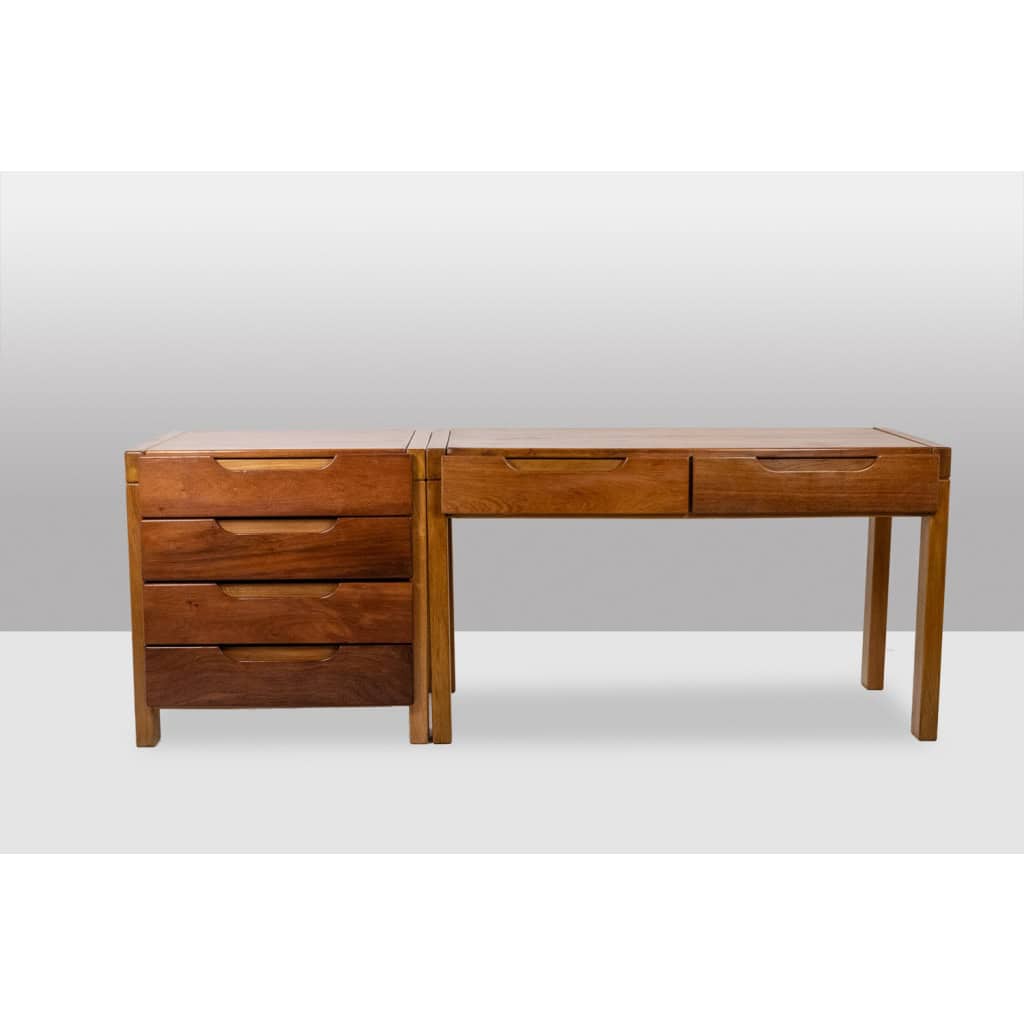 Bureau plat et son caisson en orme, 6 tiroirs en façade. Années 1970 LS6508 4