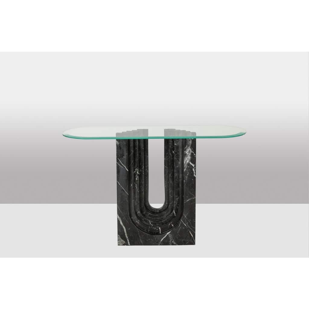 Paire de tables consoles en marbre et plateau de verre. Années 1980. LS6544 4