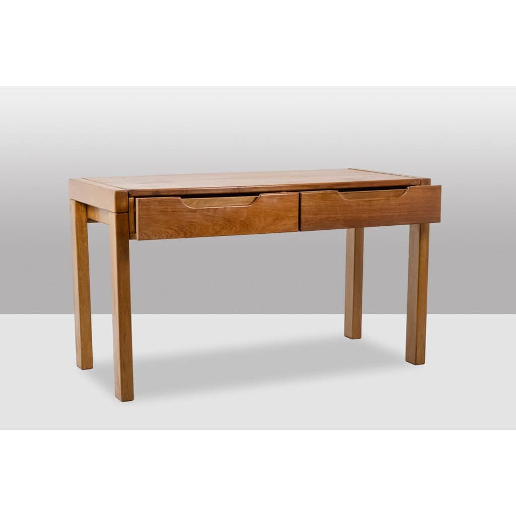 Bureau plat et son caisson en orme, 6 tiroirs en façade. Années 1970 LS6508 5