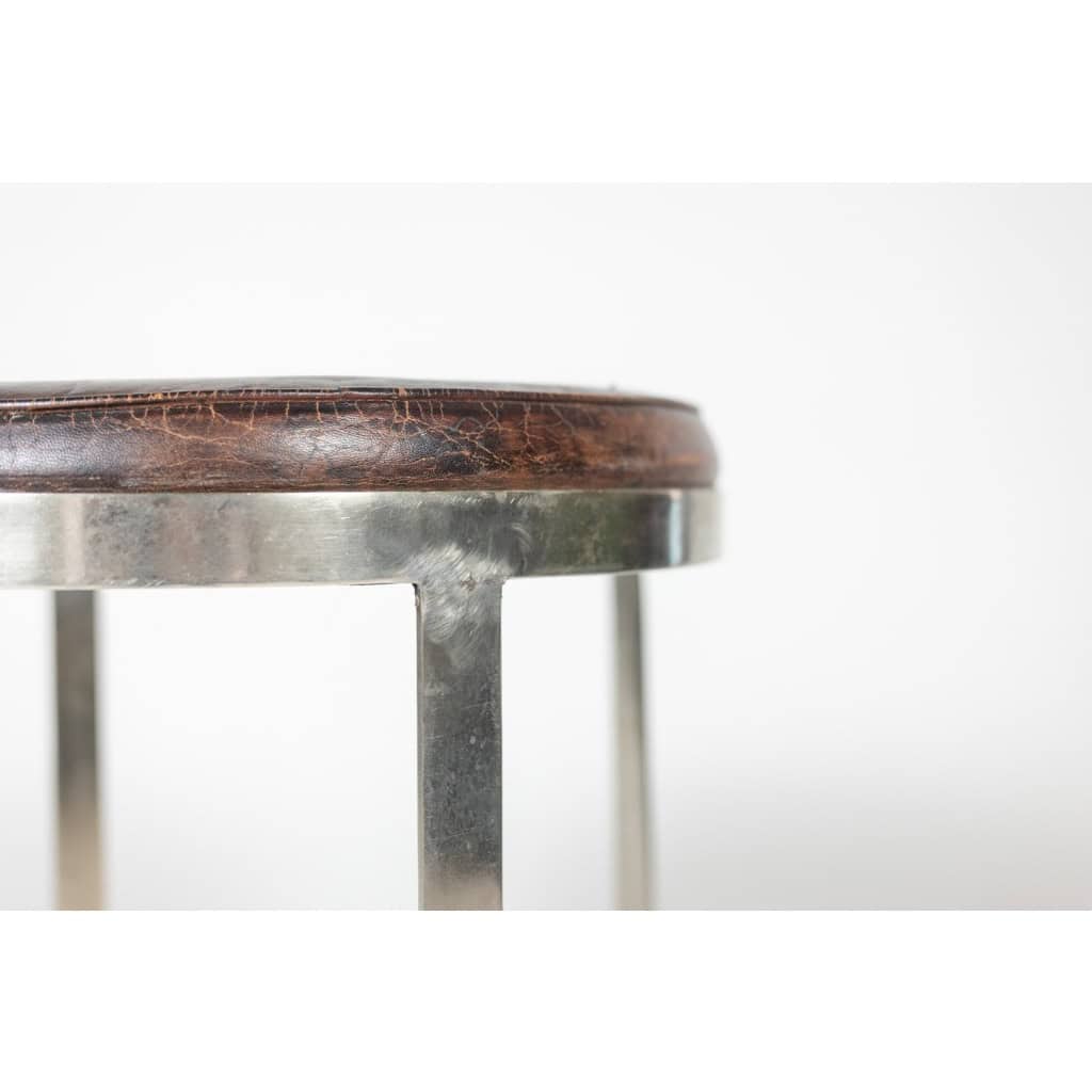 Tabouret rond de style Industriel, en métal et cuir. Années 1970 LS6609 5