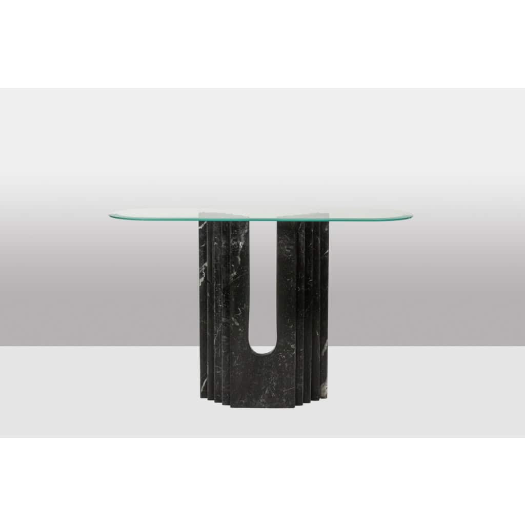 Paire de tables consoles en marbre et plateau de verre. Années 1980. LS6544 11