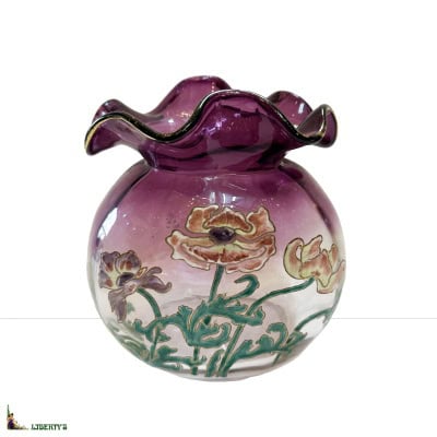 Vase bourse en cristal émaillé à décor de pavots, haut. 20.5 cm, (Deb. XXe) 3 Vase bourse en cristal émaillé à décor de pavots, haut. 20.5 cm, (Deb. XXe) 3