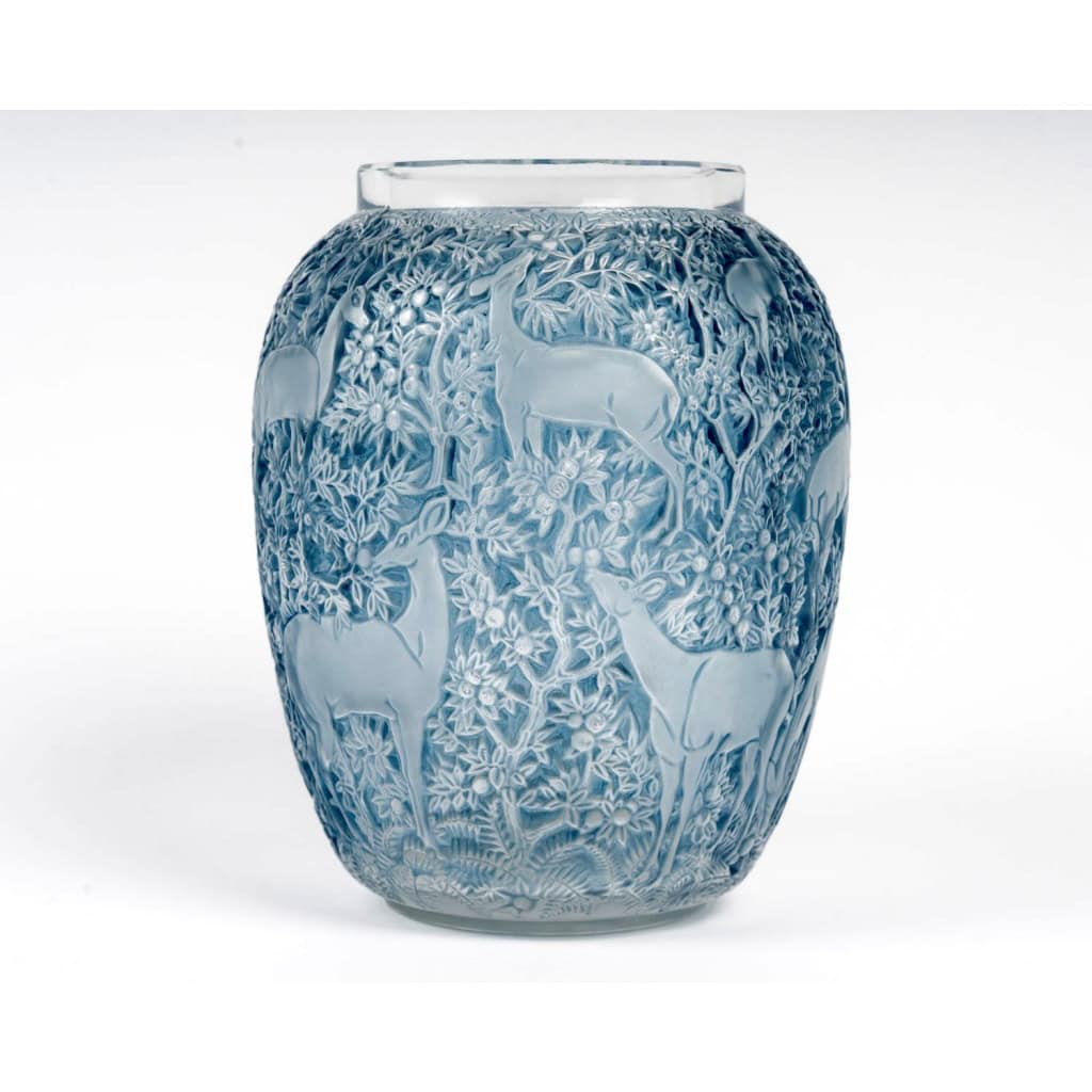 1932 René Lalique – Vase Biches Verre Blanc Patiné Bleu 3