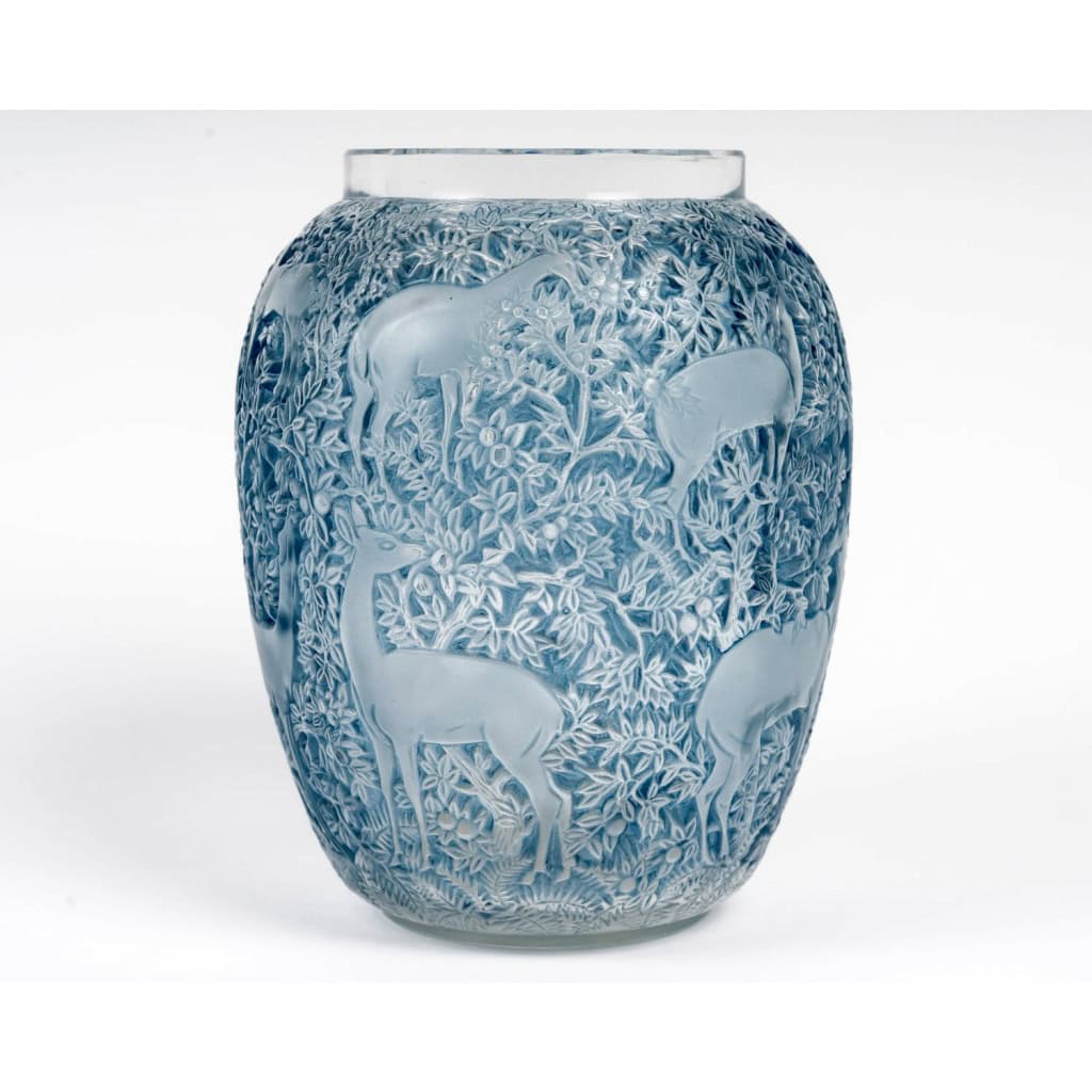 1932 René Lalique – Vase Biches Verre Blanc Patiné Bleu 4