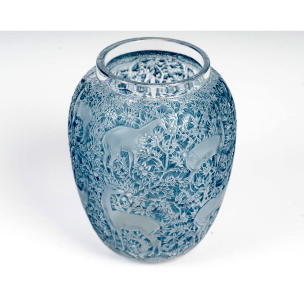 1932 René Lalique – Vase Biches Verre Blanc Patiné Bleu 7
