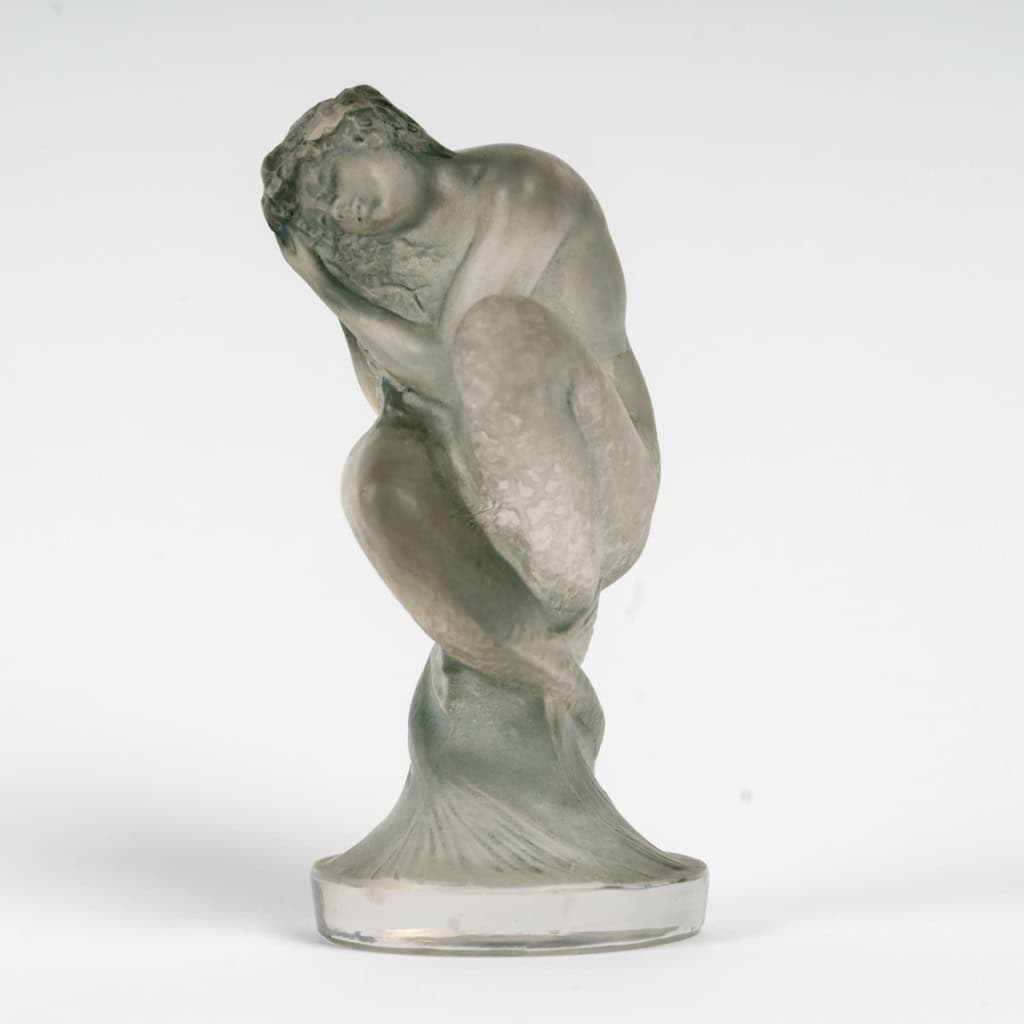 1920 René Lalique – Mascotte Automobile Statuette Sirène Verre Blanc Patiné Bleu Gris 3