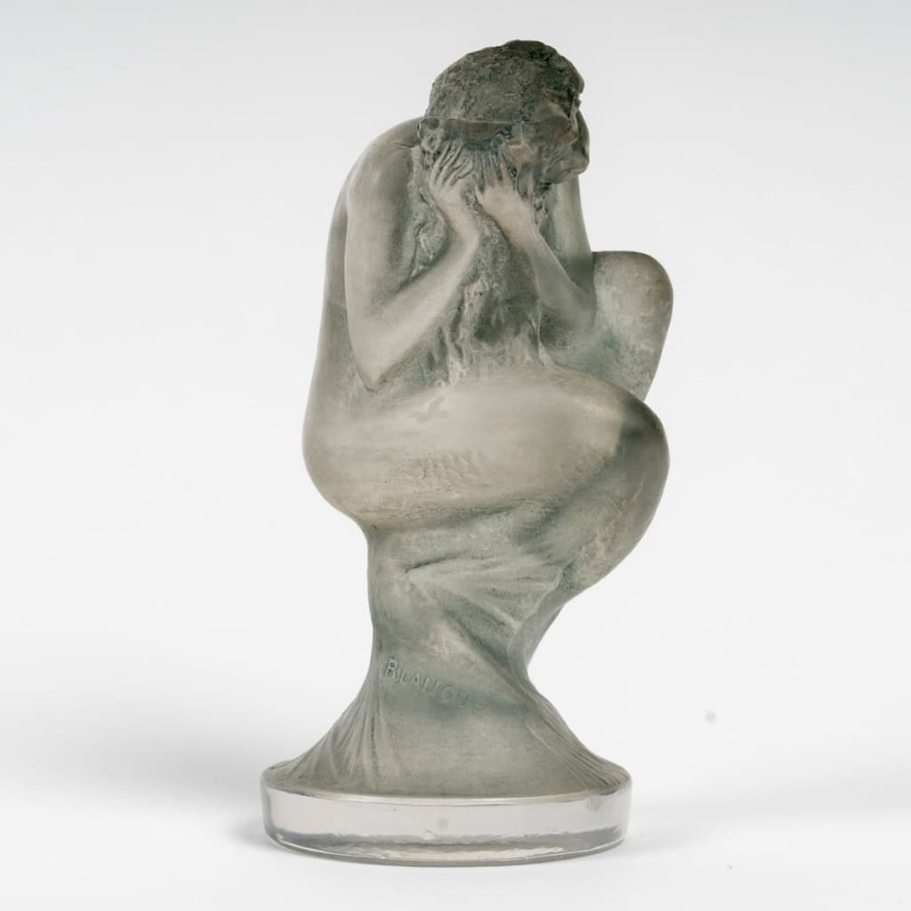 1920 René Lalique – Mascotte Automobile Statuette Sirène Verre Blanc Patiné Bleu Gris 5