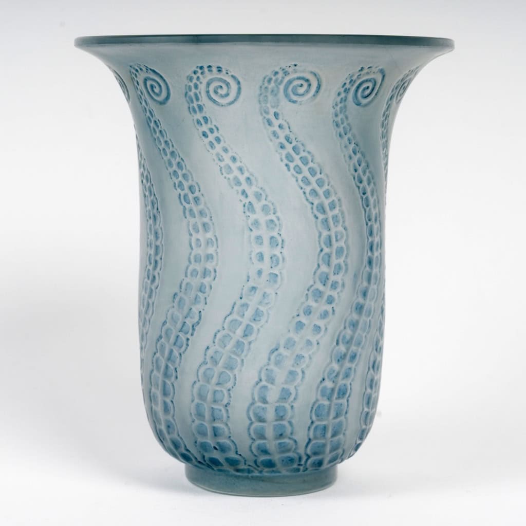 1921 René Lalique – Vase Méduse Verre Blanc Patiné Bleu 3