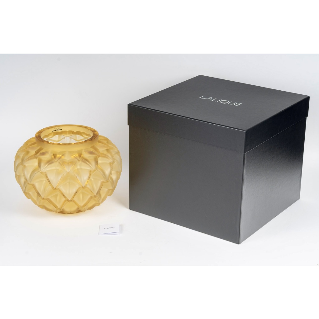 Lalique France – Art Deco Vase Languedoc Cristal Verre Jaune Ambré NEUF 9