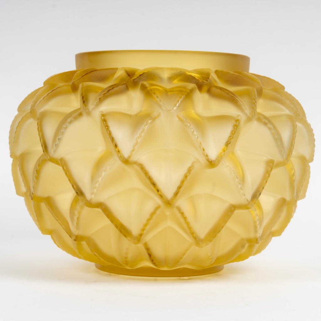 Lalique France – Art Deco Vase Languedoc Cristal Verre Jaune Ambré NEUF 3
