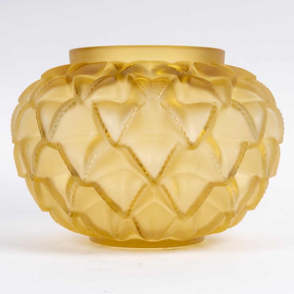 Lalique France – Art Deco Vase Languedoc Cristal Verre Jaune Ambré NEUF 4