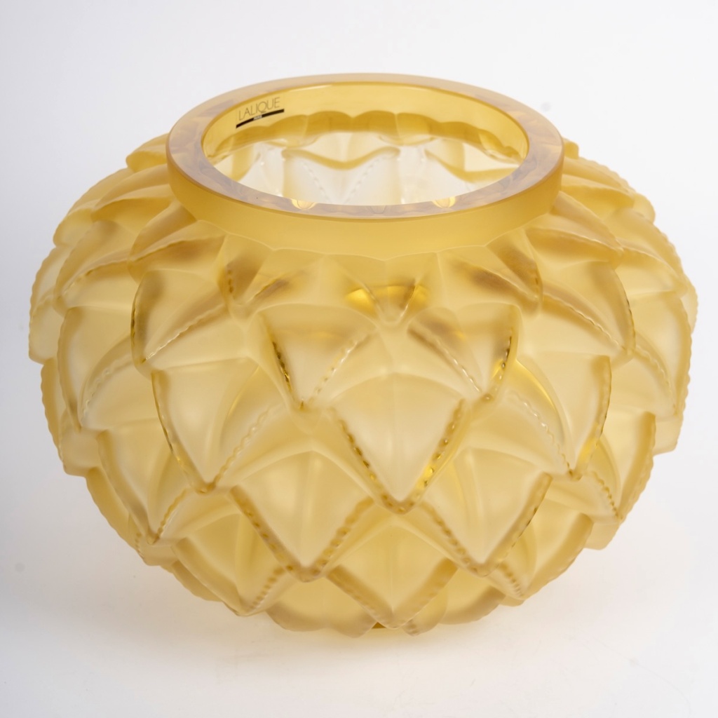 Lalique France – Art Deco Vase Languedoc Cristal Verre Jaune Ambré NEUF 5