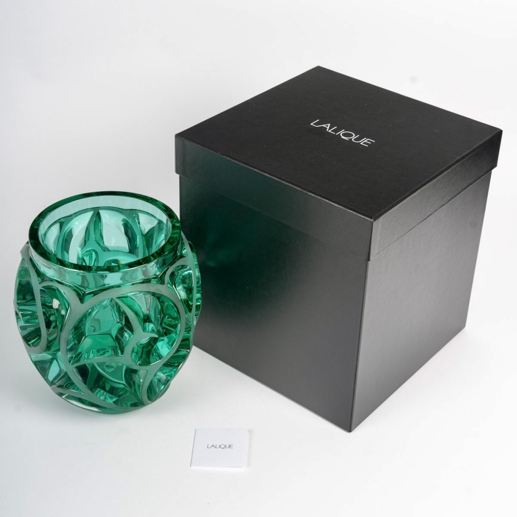 Lalique France – Art Deco Vase Tourbillons Cristal Verre Vert NEUF 9