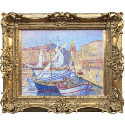 CANU Yvonne Le port de St Tropez animé Huile sur toile signée contresignée et titrée Certificat