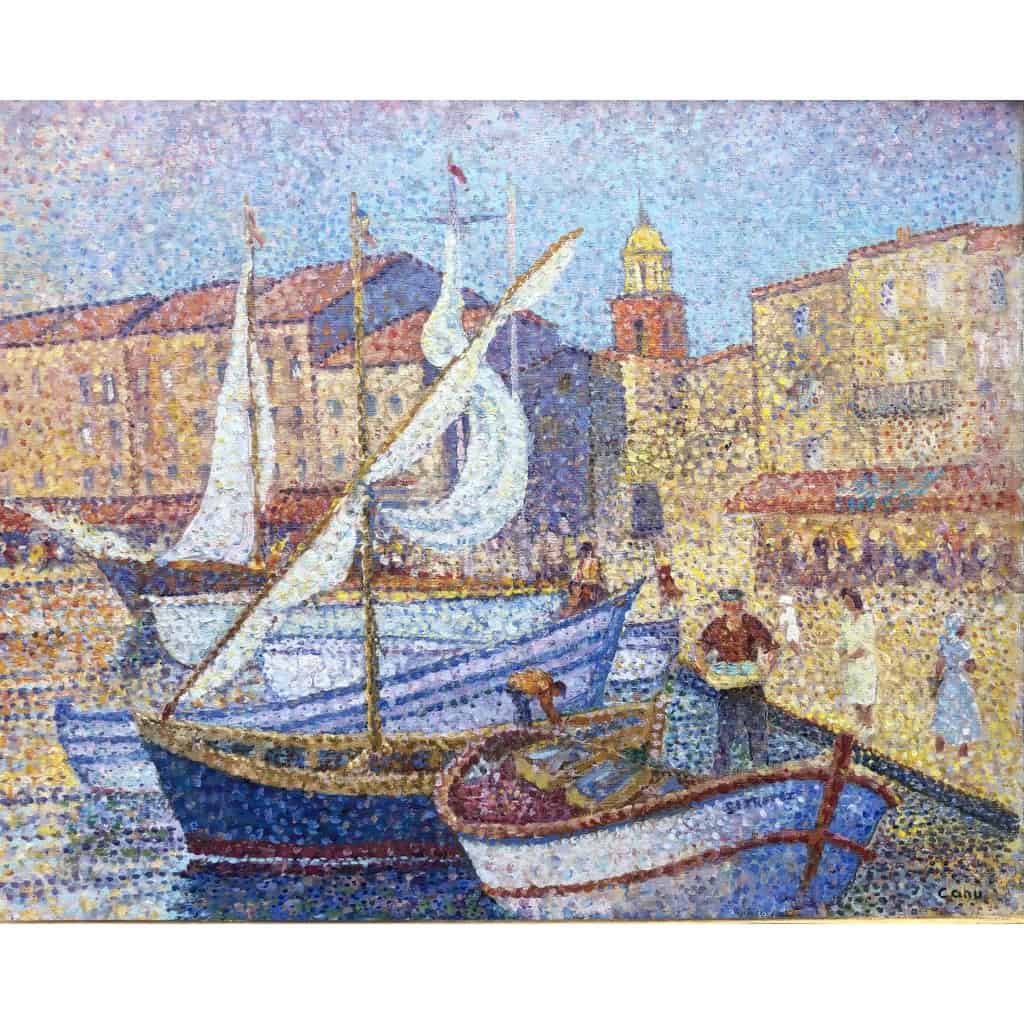 CANU Yvonne Le port de St Tropez animé Huile sur toile signée contresignée et titrée Certificat 13