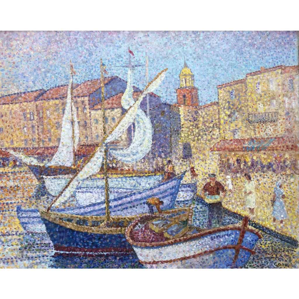 CANU Yvonne Le port de St Tropez animé Huile sur toile signée contresignée et titrée Certificat 14