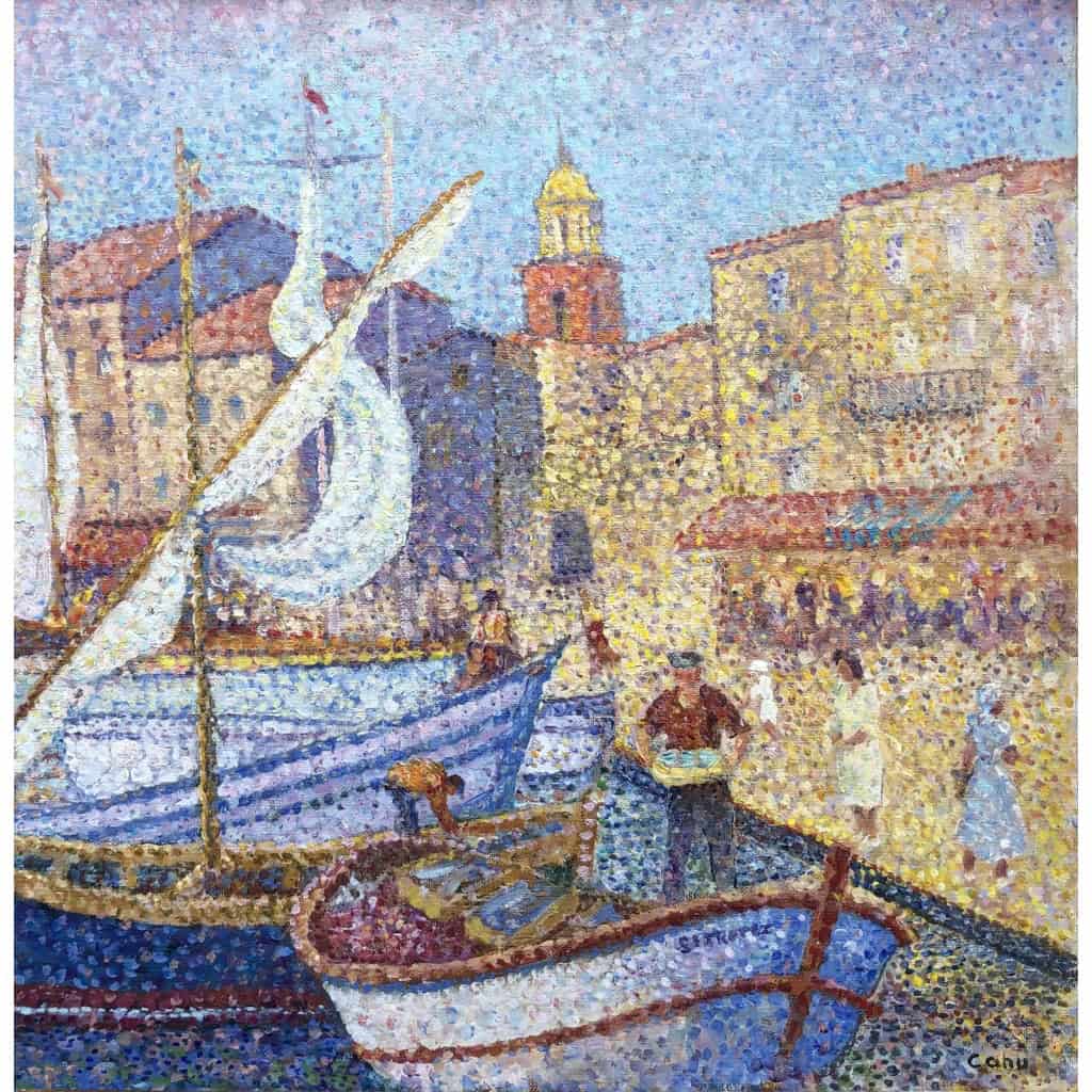 CANU Yvonne Le port de St Tropez animé Huile sur toile signée contresignée et titrée Certificat 15