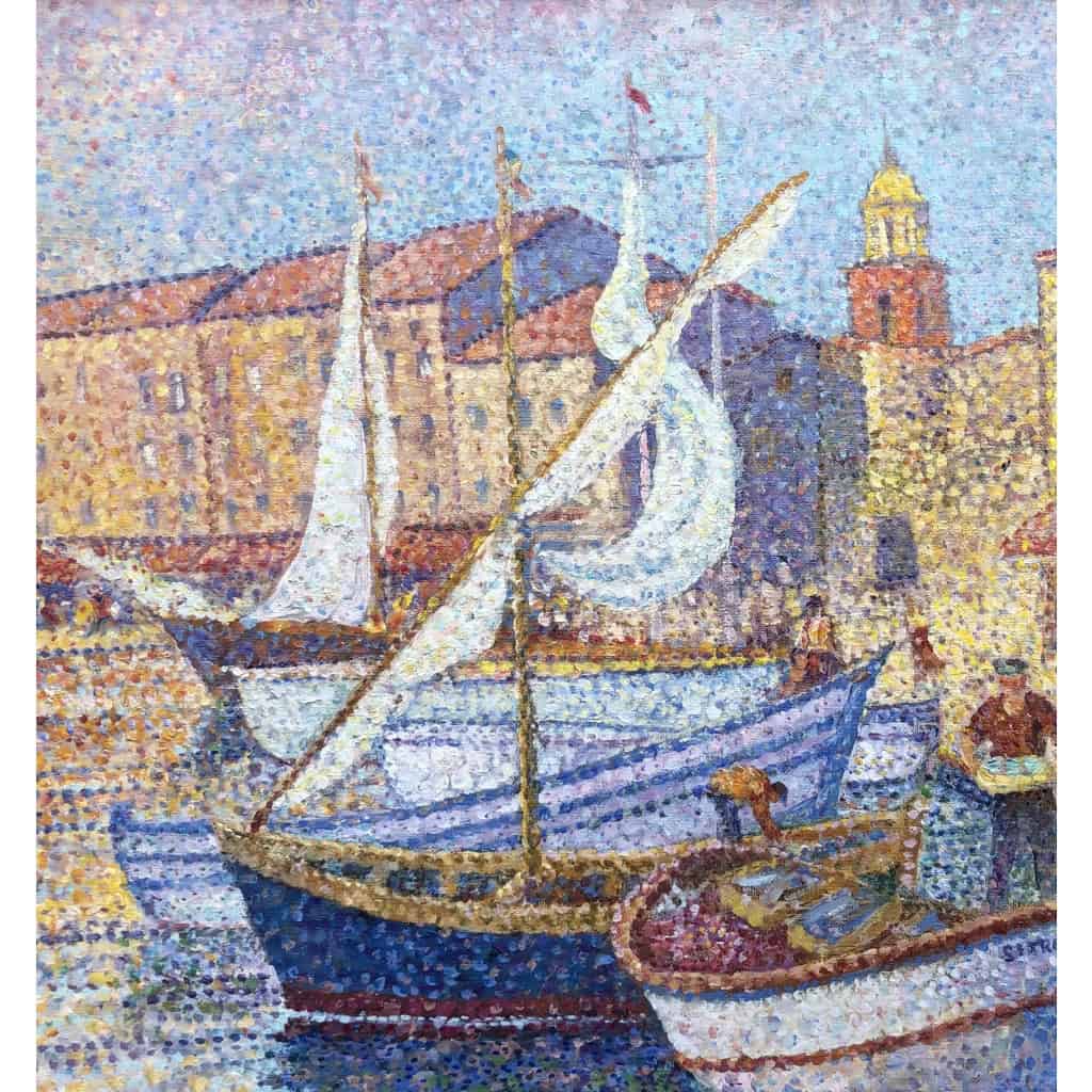 CANU Yvonne Le port de St Tropez animé Huile sur toile signée contresignée et titrée Certificat 6