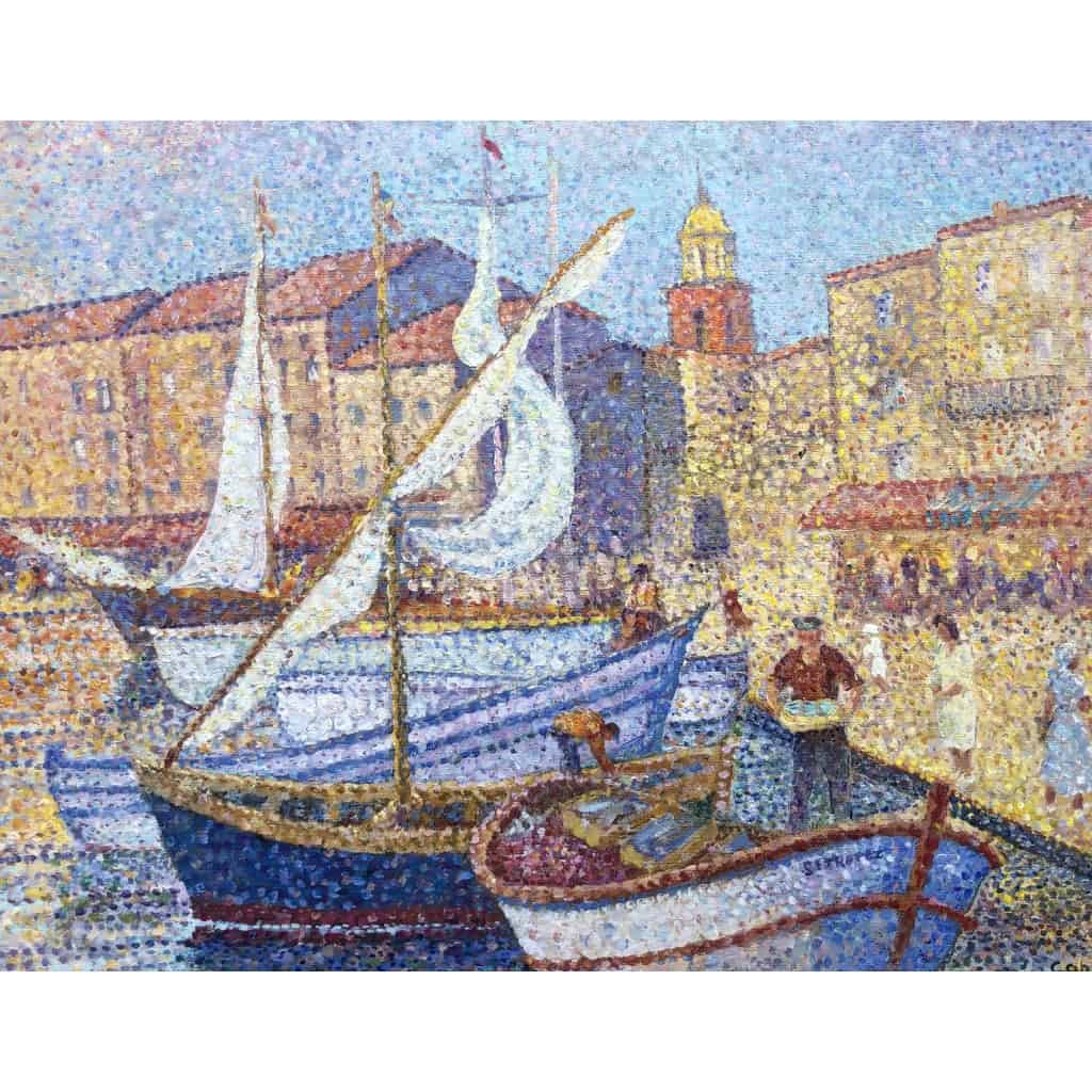 CANU Yvonne Le port de St Tropez animé Huile sur toile signée contresignée et titrée Certificat 7