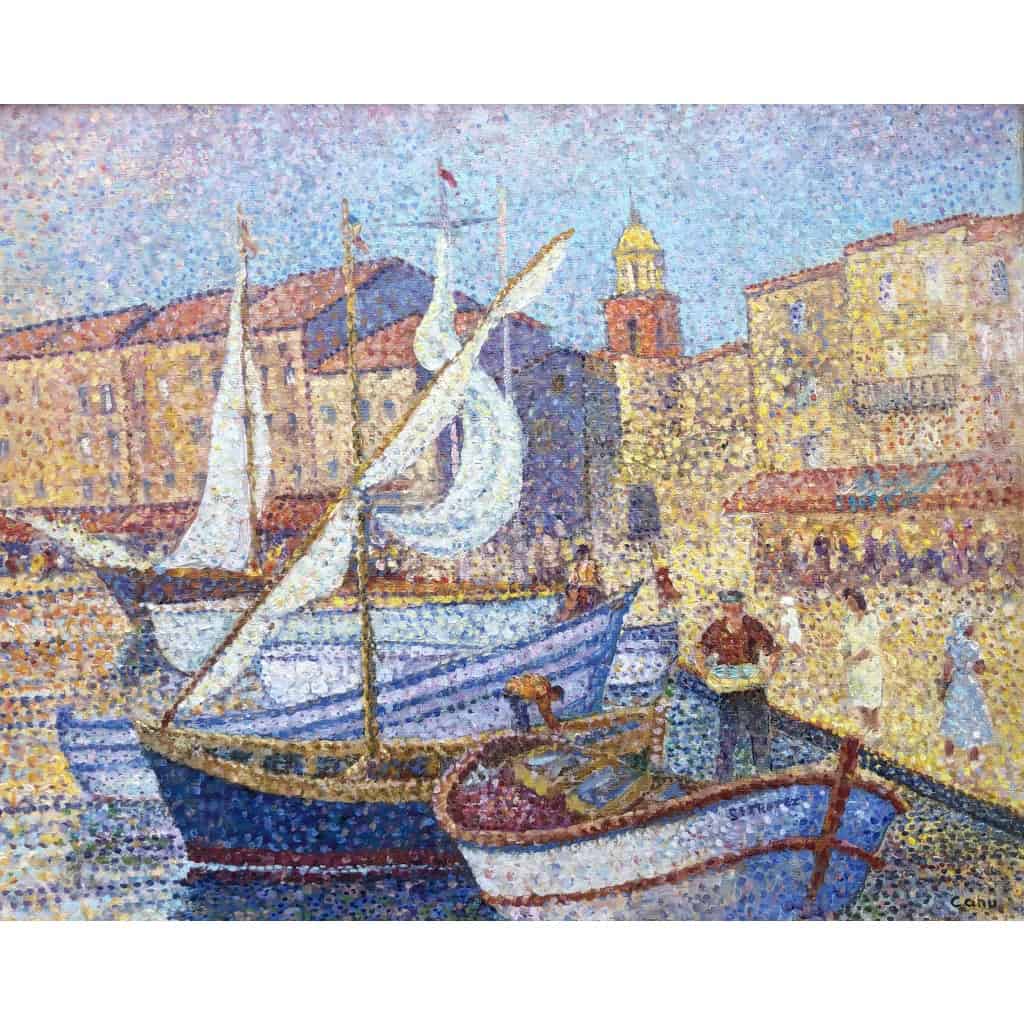 CANU Yvonne Le port de St Tropez animé Huile sur toile signée contresignée et titrée Certificat 8