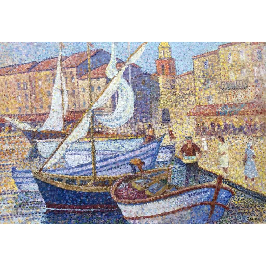 CANU Yvonne Le port de St Tropez animé Huile sur toile signée contresignée et titrée Certificat 9