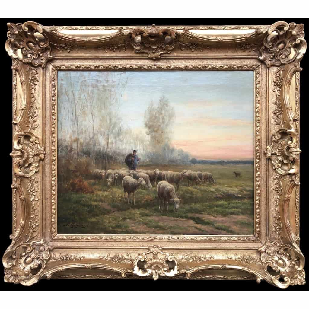 CHAIGNEAU JF Retour du berger et de son troupeau au soleil couchant Huile sur toile signée Certificat d’authenticité 10