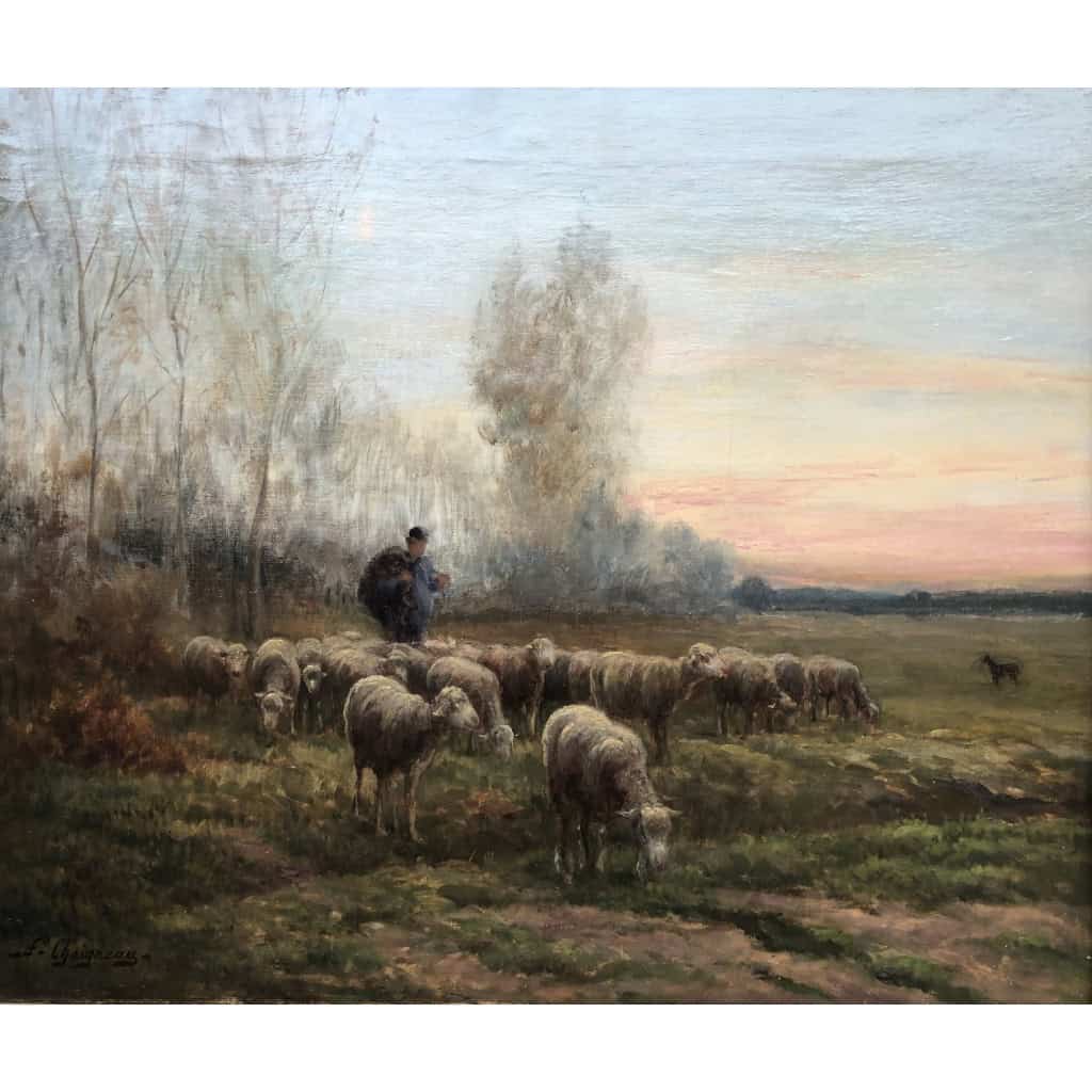 CHAIGNEAU JF Retour du berger et de son troupeau au soleil couchant Huile sur toile signée Certificat d’authenticité 11