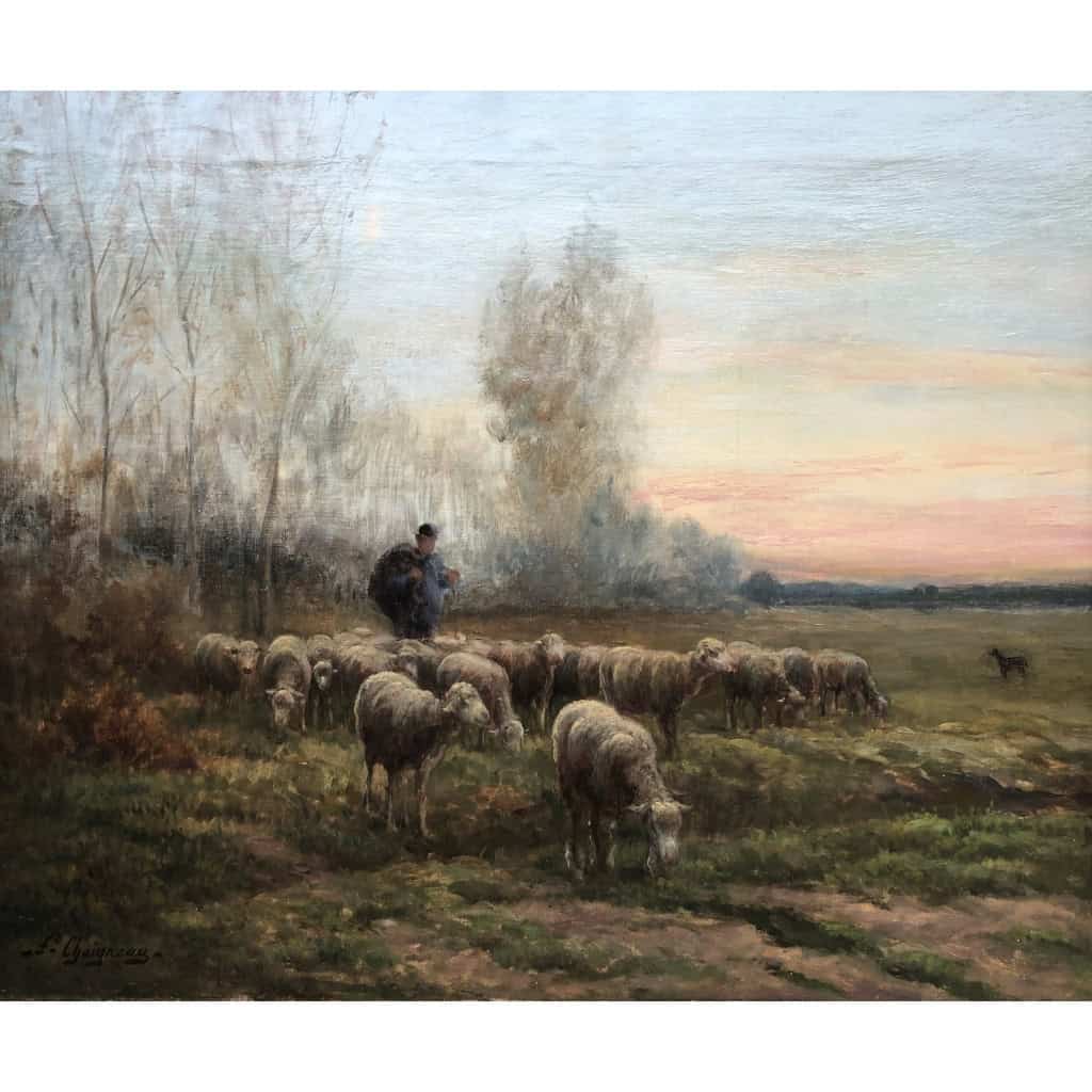 CHAIGNEAU JF Retour du berger et de son troupeau au soleil couchant Huile sur toile signée Certificat d’authenticité 12