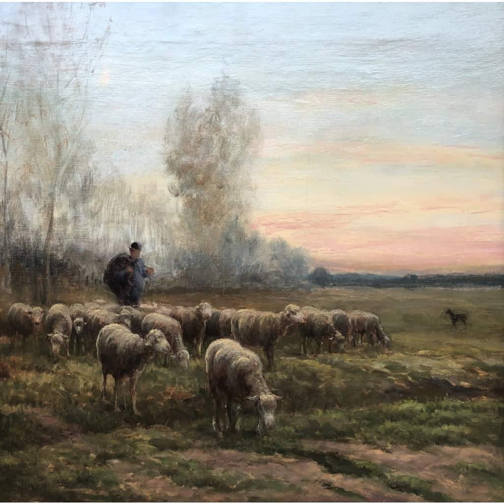 CHAIGNEAU JF Retour du berger et de son troupeau au soleil couchant Huile sur toile signée Certificat d’authenticité 13