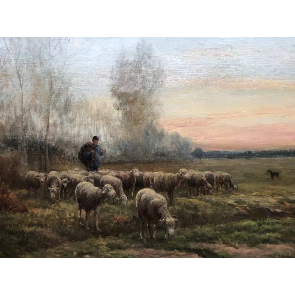 CHAIGNEAU JF Retour du berger et de son troupeau au soleil couchant Huile sur toile signée Certificat d’authenticité 7