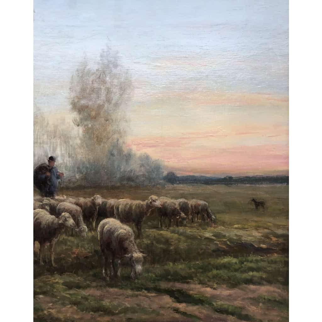 CHAIGNEAU JF Retour du berger et de son troupeau au soleil couchant Huile sur toile signée Certificat d’authenticité 8