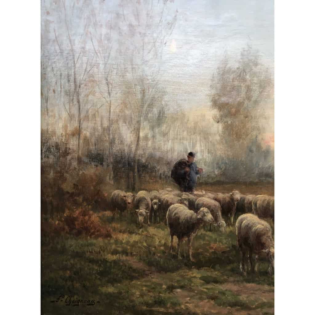 CHAIGNEAU JF Retour du berger et de son troupeau au soleil couchant Huile sur toile signée Certificat d’authenticité 9