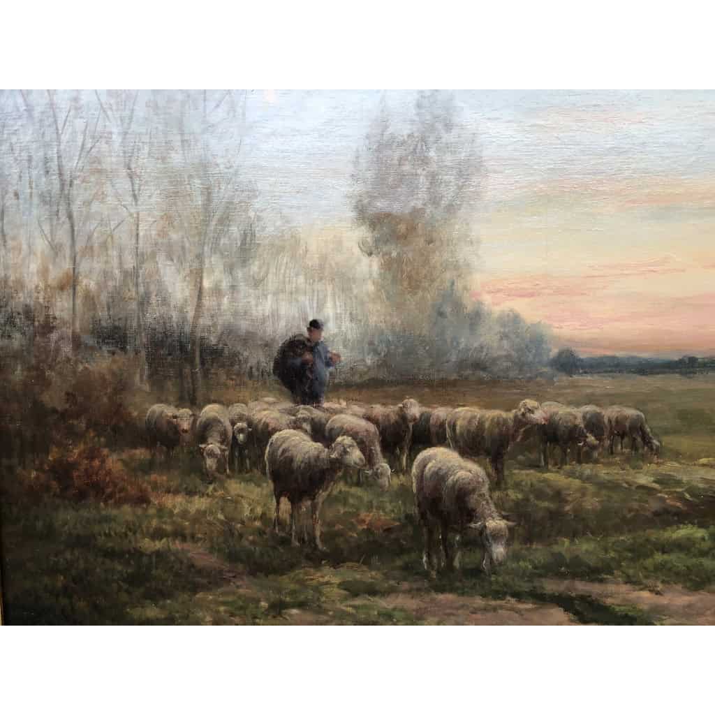 CHAIGNEAU JF Retour du berger et de son troupeau au soleil couchant Huile sur toile signée Certificat d’authenticité 14