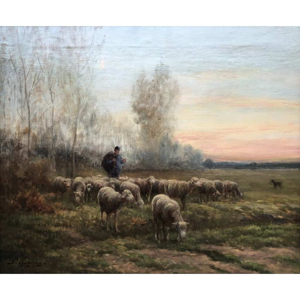 CHAIGNEAU JF Retour du berger et de son troupeau au soleil couchant Huile sur toile signée Certificat d’authenticité 6