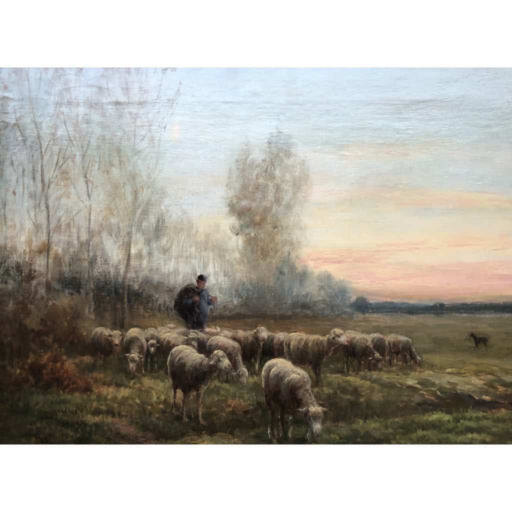 CHAIGNEAU JF Retour du berger et de son troupeau au soleil couchant Huile sur toile signée Certificat d’authenticité 5