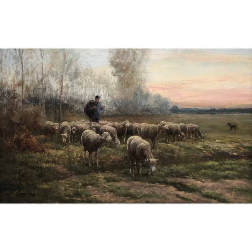 CHAIGNEAU JF Retour du berger et de son troupeau au soleil couchant Huile sur toile signée Certificat d’authenticité 4