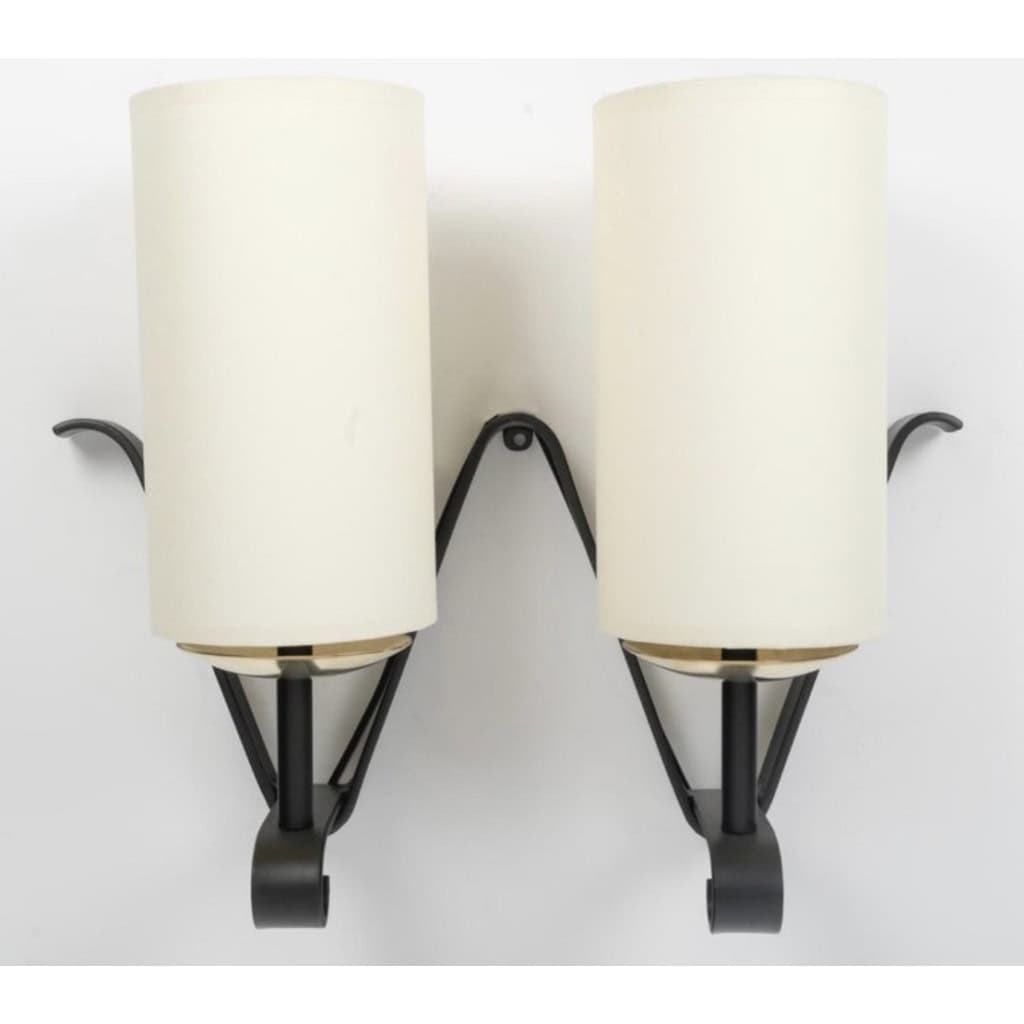 1960 Paire d’appliques murales en fer forgé Maison Bataillard 6