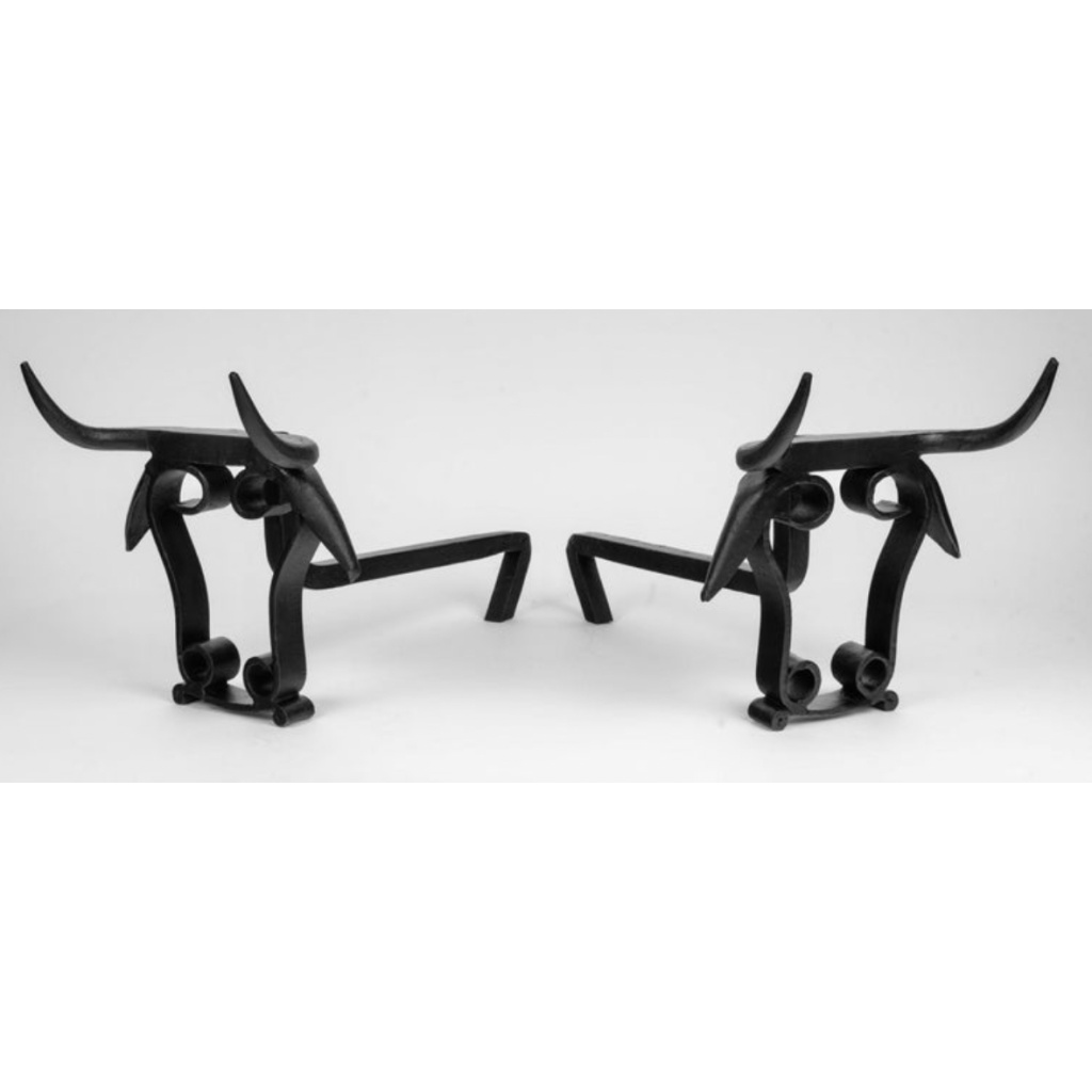 1950 Paire rare de chenets en fer forgé en forme de tête de taureau, ateliers de Vallauris 7