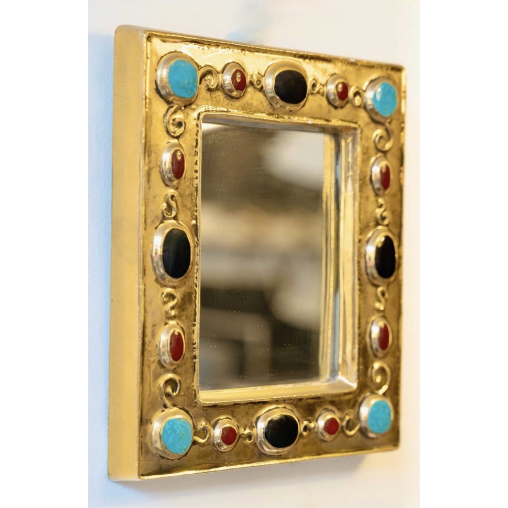 1960 Miroir en céramique dorée imitant des bijoux intégrés, signé François Lembo 8