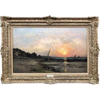DAUBIGNY Karl Soleil couchant en bord de mer Huile sur toile signée datée dédicacée Certificat d’authenticité. DAUBIGNY Karl Soleil couchant en bord de mer Huile sur toile signée datée dédicacée Certificat d’authenticité.