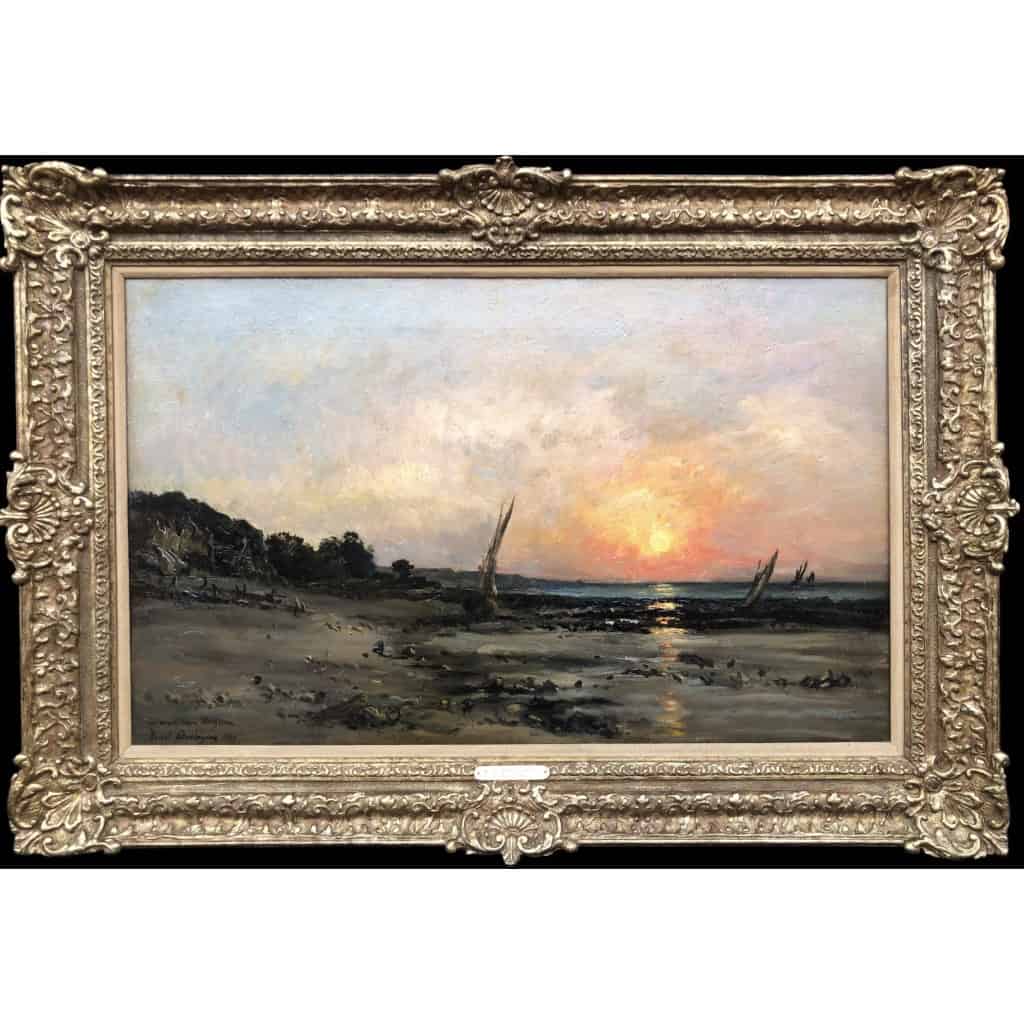 DAUBIGNY Karl Soleil couchant en bord de mer Huile sur toile signée datée dédicacée Certificat d’authenticité. 12 DAUBIGNY Karl Soleil couchant en bord de mer Huile sur toile signée datée dédicacée Certificat d’authenticité. 12