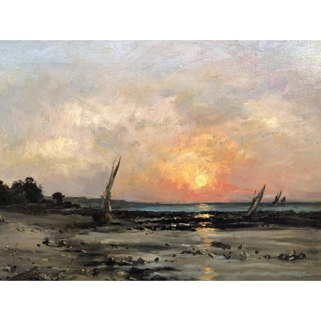 DAUBIGNY Karl Soleil couchant en bord de mer Huile sur toile signée datée dédicacée Certificat d’authenticité. 14 DAUBIGNY Karl Soleil couchant en bord de mer Huile sur toile signée datée dédicacée Certificat d’authenticité. 14