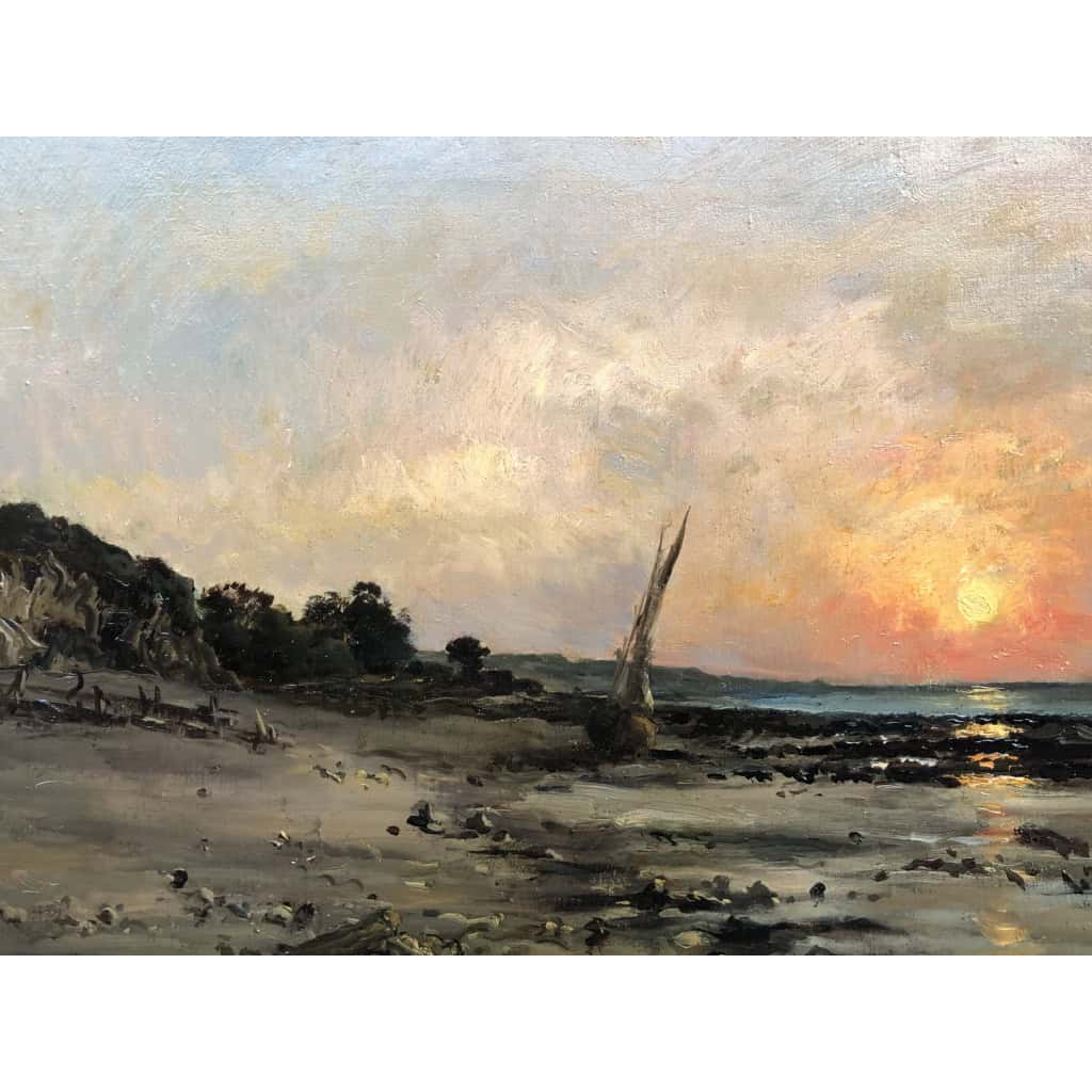 DAUBIGNY Karl Soleil couchant en bord de mer Huile sur toile signée datée dédicacée Certificat d’authenticité. 7 DAUBIGNY Karl Soleil couchant en bord de mer Huile sur toile signée datée dédicacée Certificat d’authenticité. 7