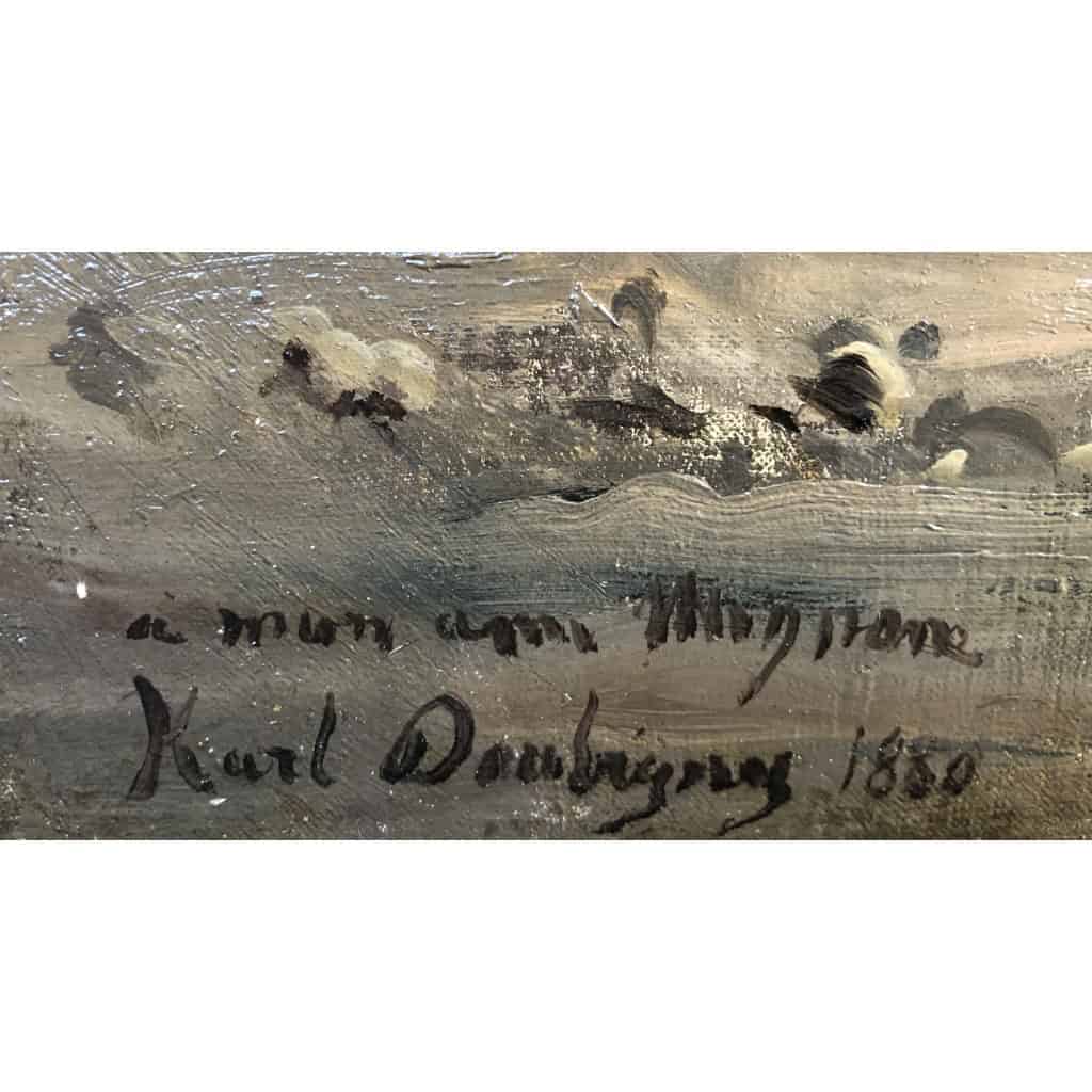 DAUBIGNY Karl Soleil couchant en bord de mer Huile sur toile signée datée dédicacée Certificat d’authenticité. 6 DAUBIGNY Karl Soleil couchant en bord de mer Huile sur toile signée datée dédicacée Certificat d’authenticité. 6
