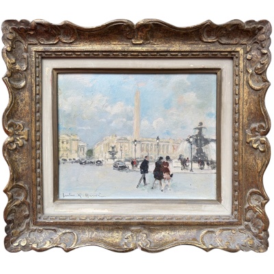 HERVE Jules Peinture Française 20è Paris animation Place de La Concorde Huile sur carton fort signée Certificat D’authenticité