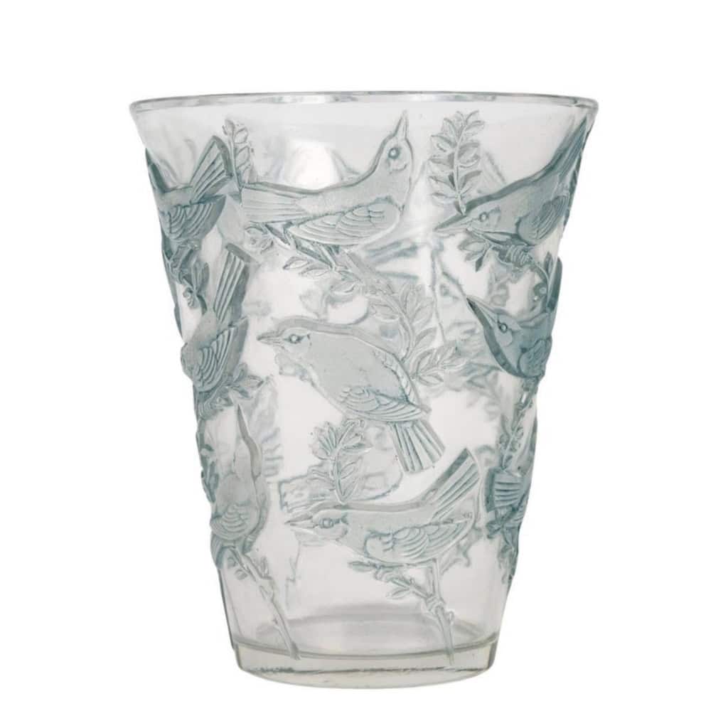 1938 René Lalique – Vase Grives Verre Blanc Patiné Bleu 3