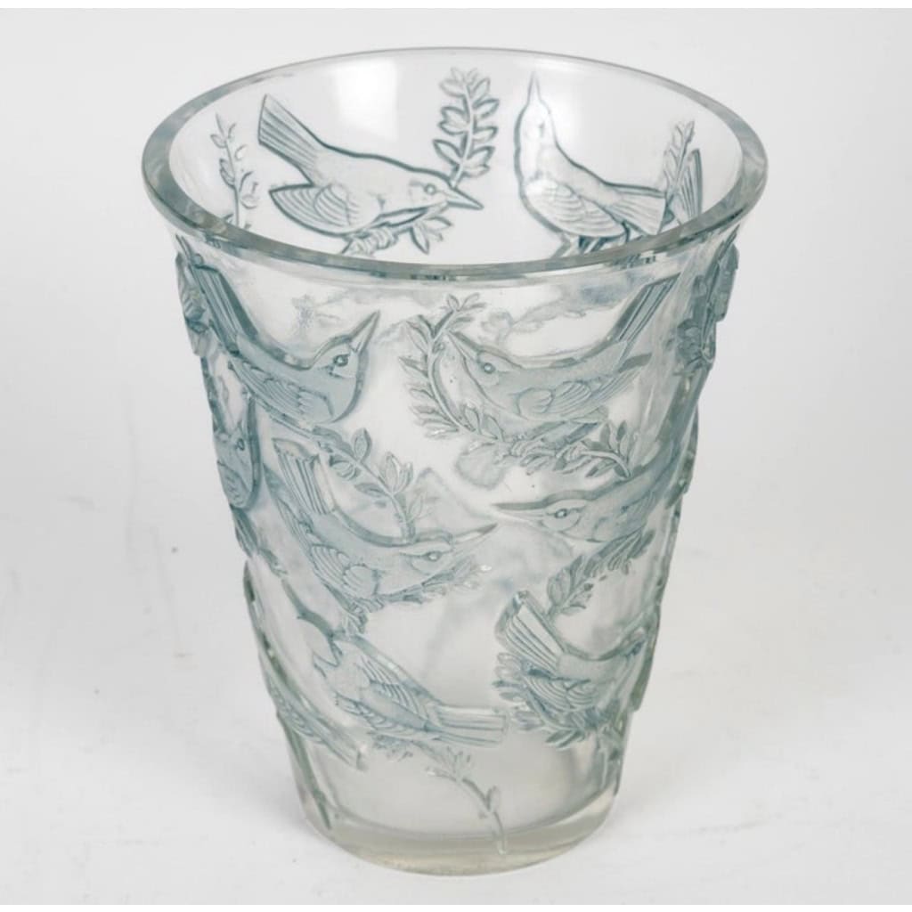 1938 René Lalique – Vase Grives Verre Blanc Patiné Bleu 5