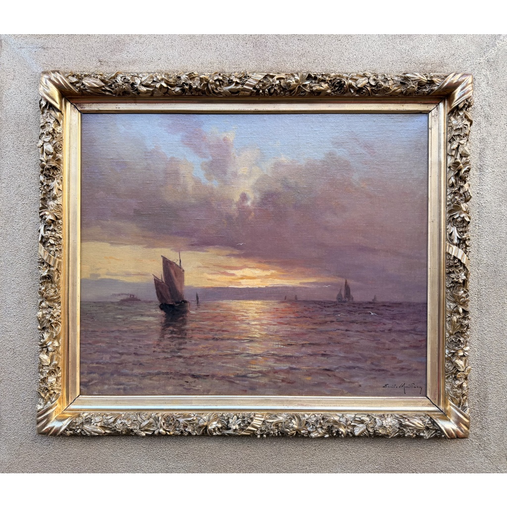 Emile MAILLARD Tableau Français fin 19è Coucher de soleil Huile sur toile signée Certificat d’authenticité. 3